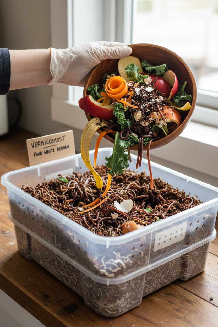 Adding kitchen scraps to worm bin