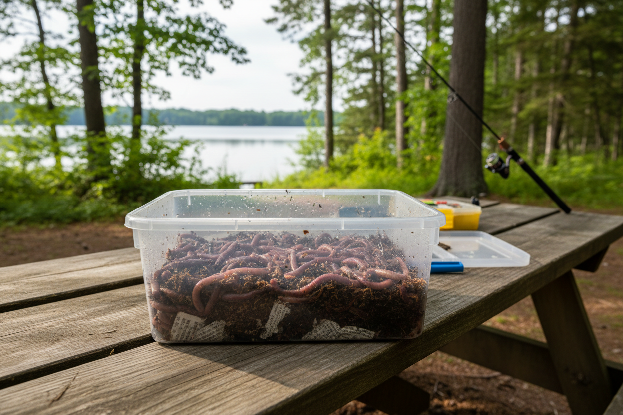 Nightcrawlers in clear storage container - product style