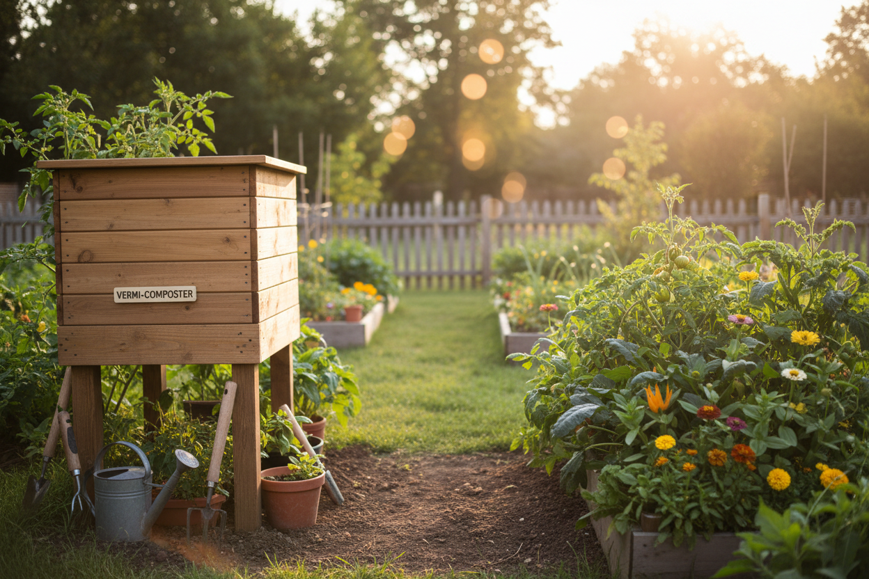 Outdoor Worm Bin Garden Scene